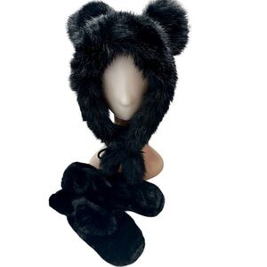 Black Faux Fur Hat with Matching Gloves NWT One Size Fits Most